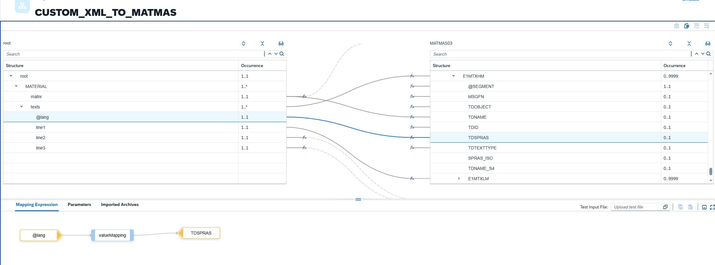 SAP CPI Message Mapping Editor mit grafischen Feldzuordnungen