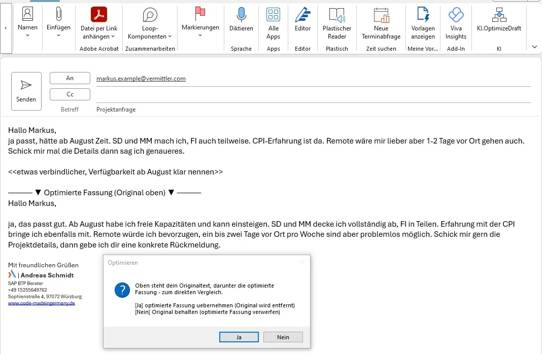 Screenshot aus Outlook: die optimierte Fassung der Mail direkt im Editor, darunter der Bestätigungsdialog mit Ja/Nein
